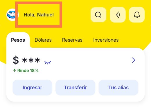 Pantalla de Mercado Pago mostrando 'Hola, Nahuel' arriba a la izquierda