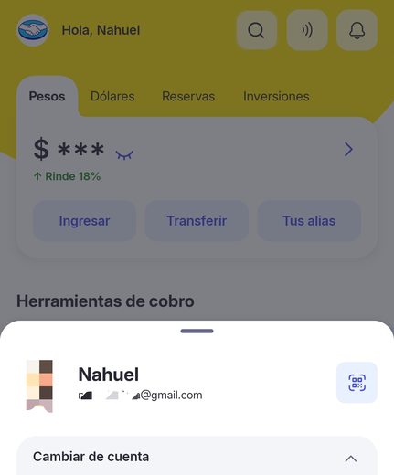 Panel desplegado de Mercado Pago mostrando el mail registrado de la cuenta